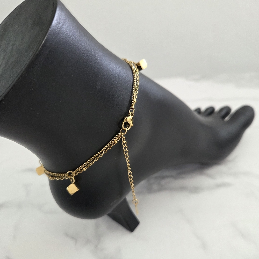 Dainty Gold Cube Charm Anklet Layered Double Strand Foot Bracelet Boho Beach - Picture 9 of 11